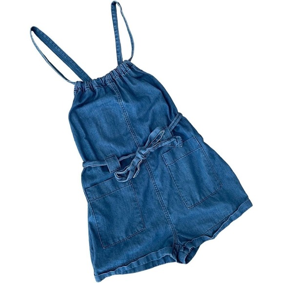 BDG Urban Outfitters Blue Chambray Cuffed Short Pockets Overalls Romper Small - Picture 2 of 7
